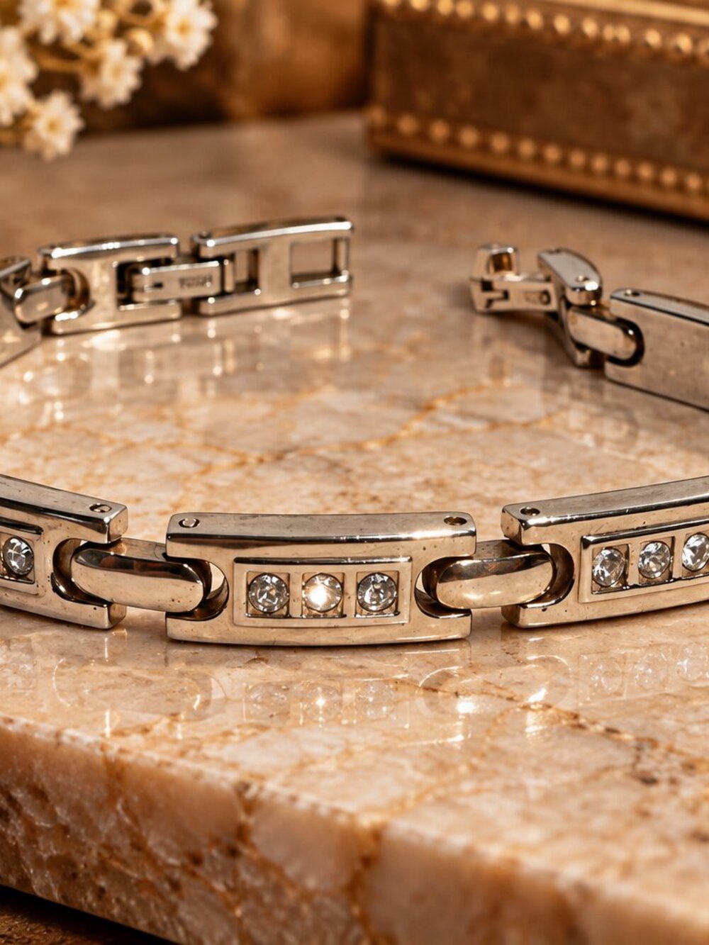 Vintage Silver Tone Rhinestone Link Bracelet – Art Deco Style
